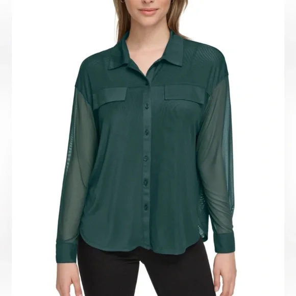 Calvin Klein | Tops | Calvin Klein Mesh Button Front Shirt Sheer Malachite  Forest Green Small New | Poshmark
